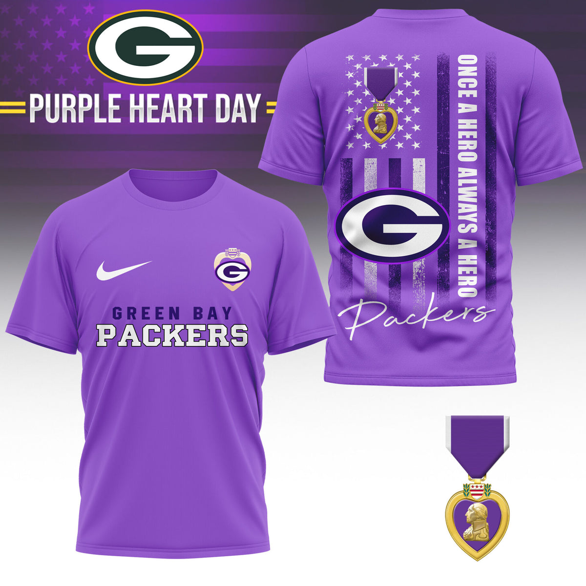 Green Bay Packers | Premium NFL Premium National Purple Heart Day 3D Shirt HI