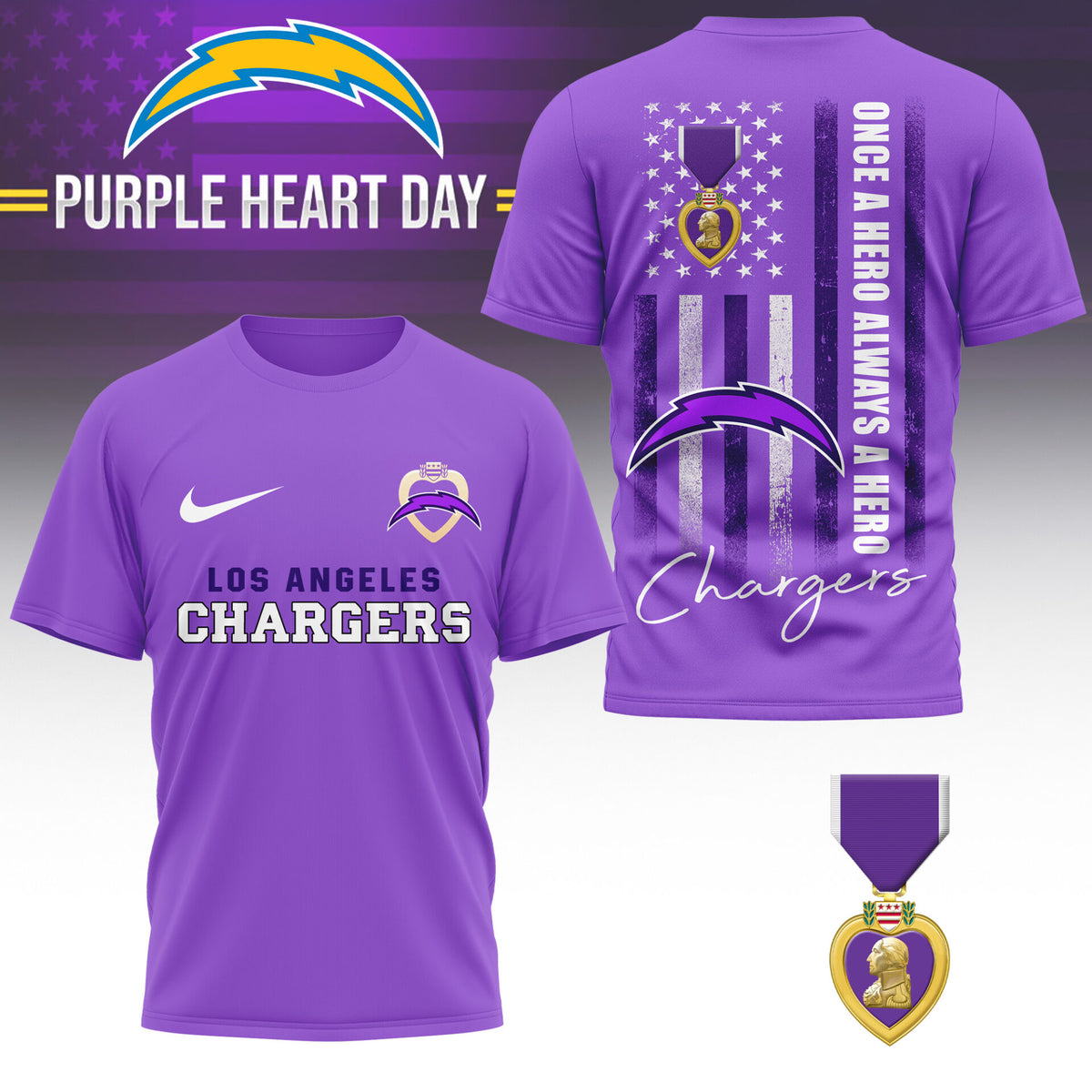 Los Angeles Chargers | Premium NFL Premium National Purple Heart Day 3D Shirt HI
