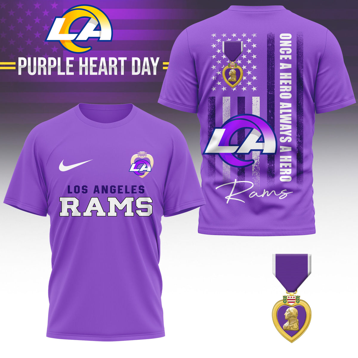 Los Angeles Rams | Premium NFL Premium National Purple Heart Day 3D Shirt HI