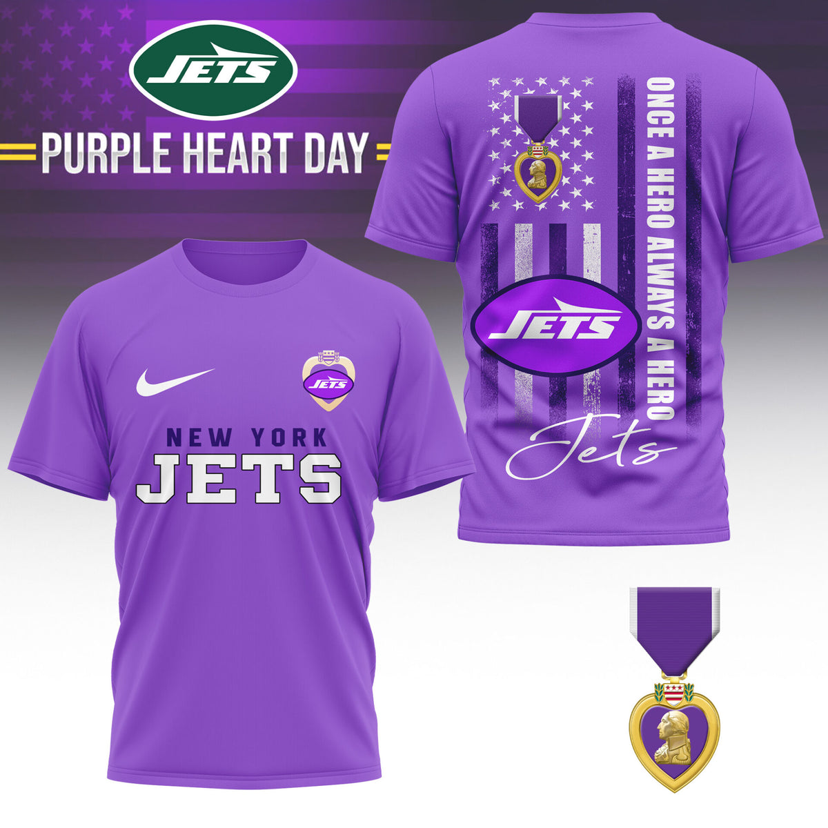 New York Jets | Premium NFL Premium National Purple Heart Day 3D Shirt HI