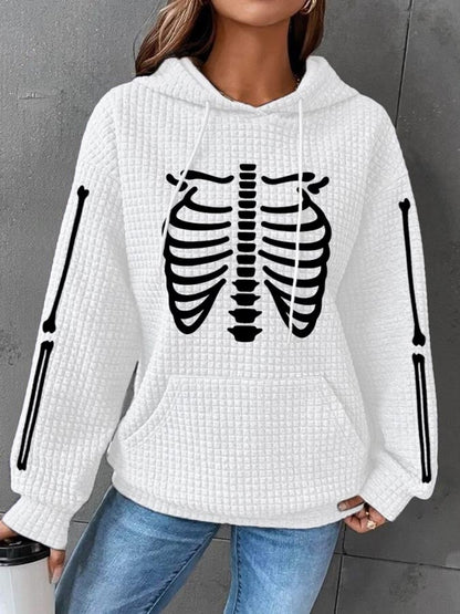 Women's Halloween Skeleton Bones Casual Waffle Hoodie