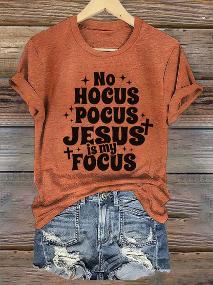 Women's Hocus Pocus Jesus Is My Focus Halloween Printed T-Shirt