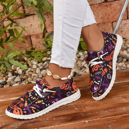 Halloween Pumpkin & Bat Print Women's Canvas Shoes, Casual Lace Up Outdoor Shoes, Lightweight Low Top Halloween Shoes