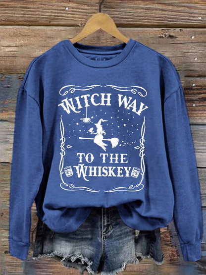 Women's Halloween Witch Way To The Whiskey Printed Sweatshirt