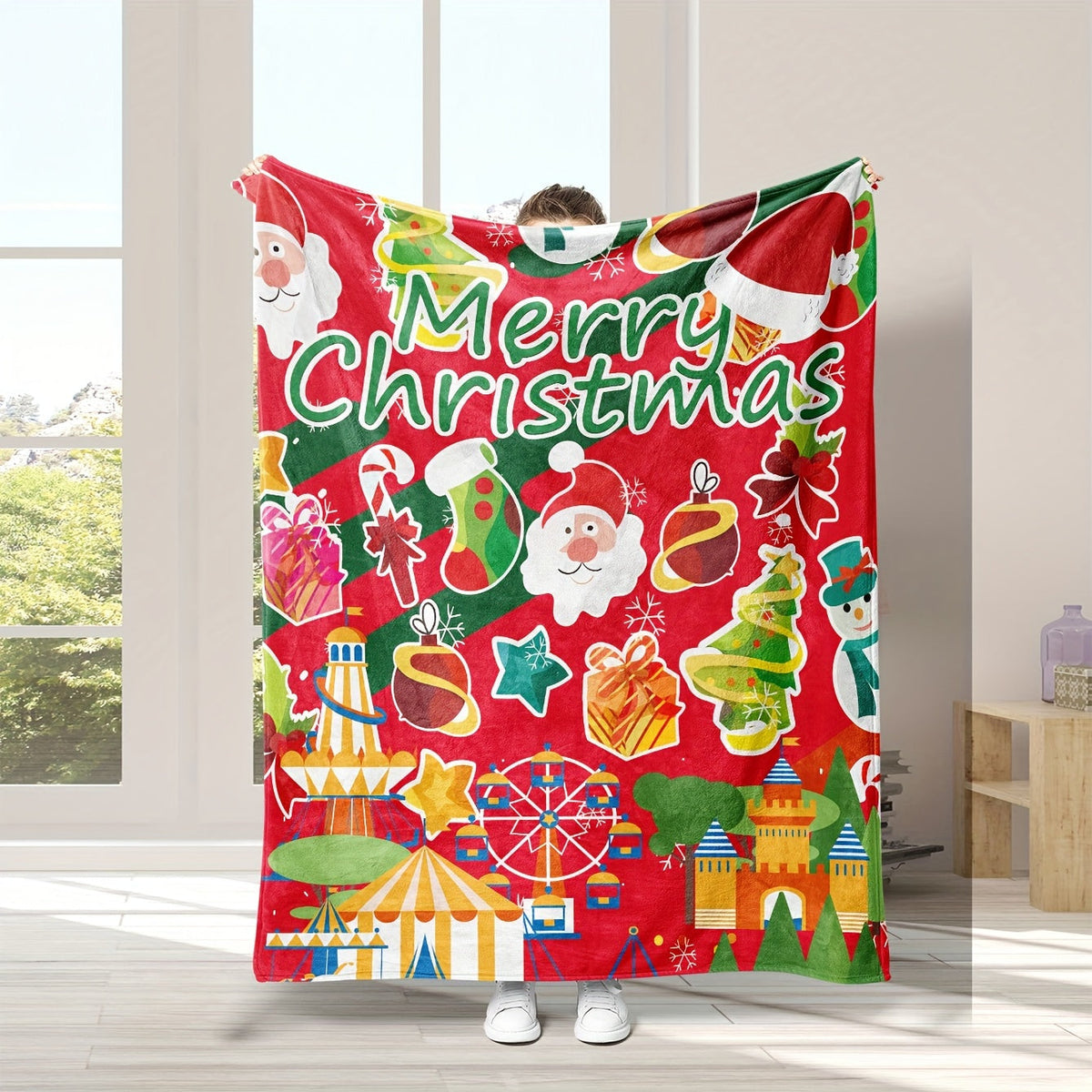 Cozy and Festive: Cartoon Christmas Elements Flannel Blanket for All-Season Comfort and Gifting
