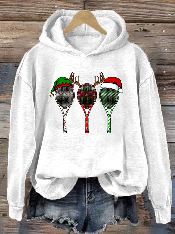 Women's Christmas Tennis Racket Print Casual Hooded Sweatshirt