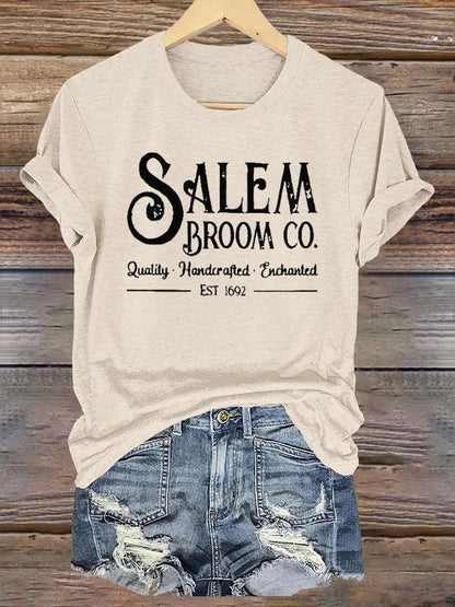 Women's Salem Broom Co Quality Handcrafted Enchanted Est 1692 Printed T-Shirt