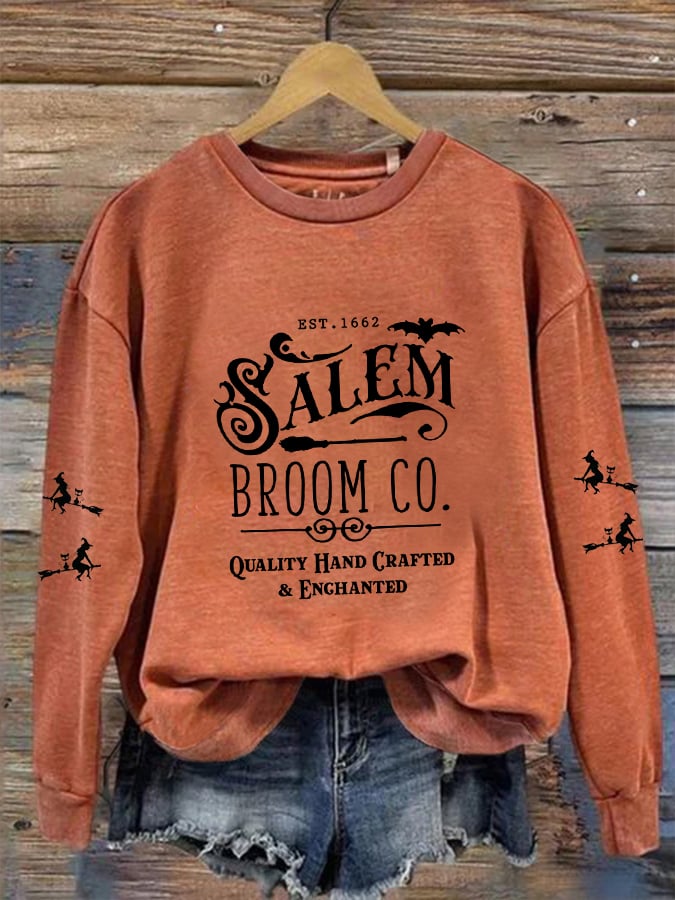 Women's Halloween Salem Broom Co Round Neck Long Sleeve Sweatshirt