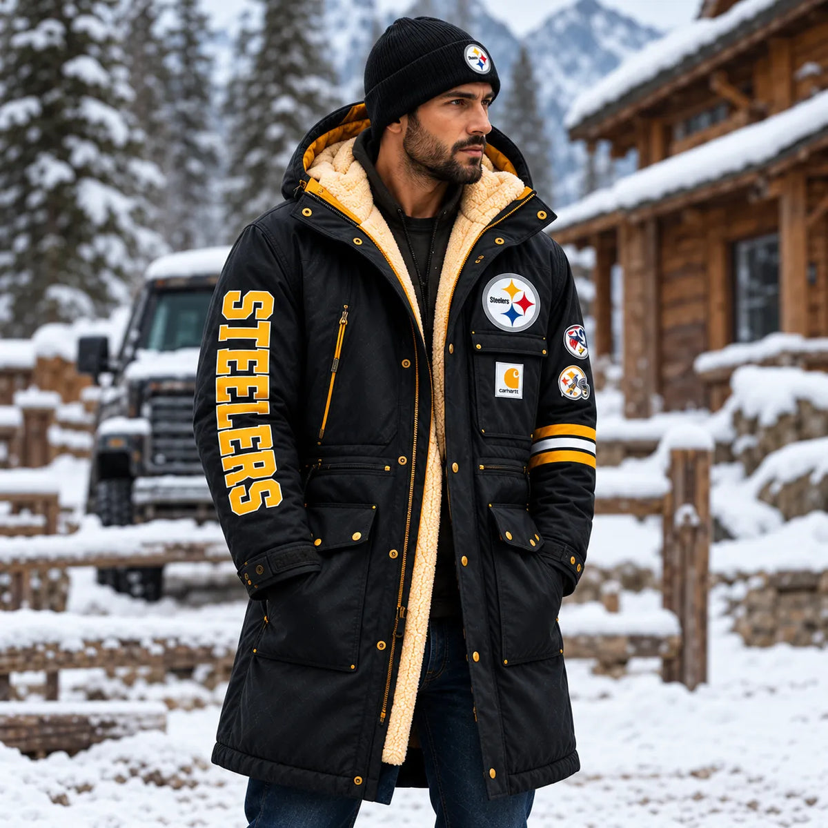 UNISEX PITTSBURGH STEELERS BLACK WINTER SHERPA LINED HOODED PARKA JACKET