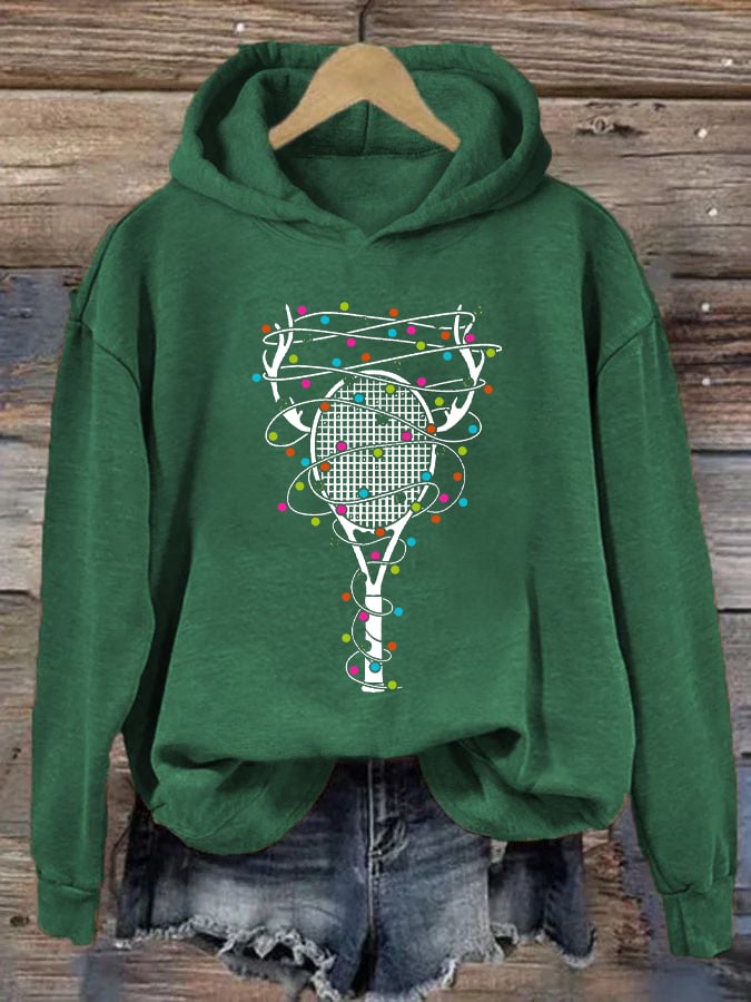 Women's Christmas Tennis Racket Print Casual Hooded Sweatshirt