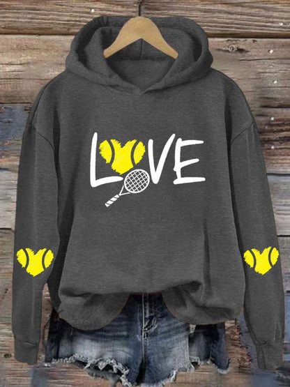 Women's love tennis printed casual hooded sweatshirt