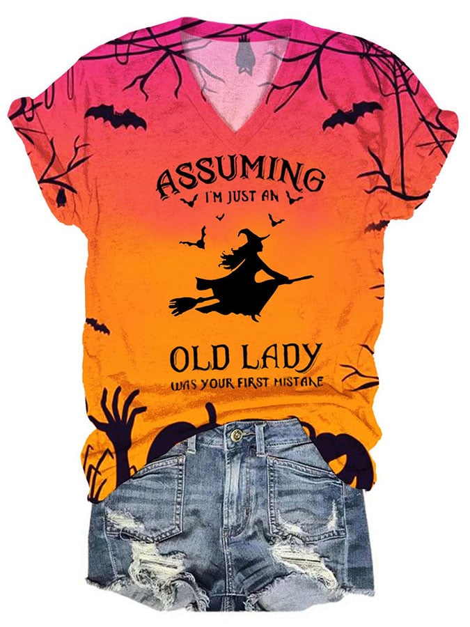 Women's Assuming I'M Just An Old Lady Halloween Witch Print Short Sleeve T-Shirt