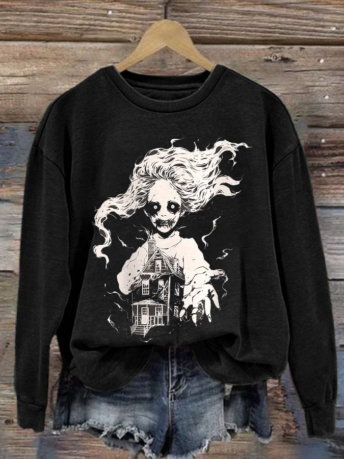 Women's Gothic Haunted House Witch Print Sweatshirt