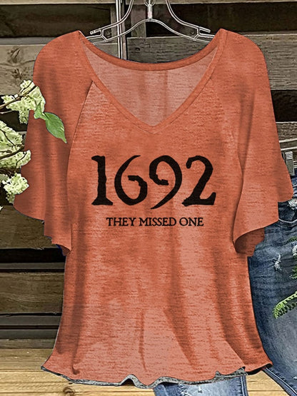 Women's Salem 1692 They Missed One Print V-Neck Ruffle Sleeve T-Shirt