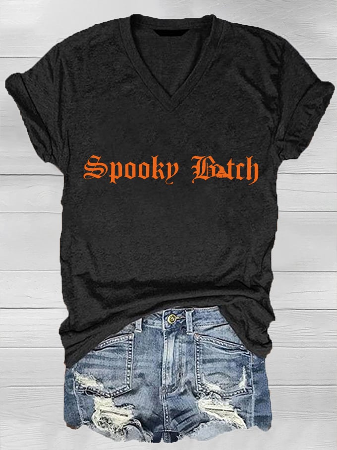 Women's Halloween Spooky B*tch Print V-Neck T-Shirt