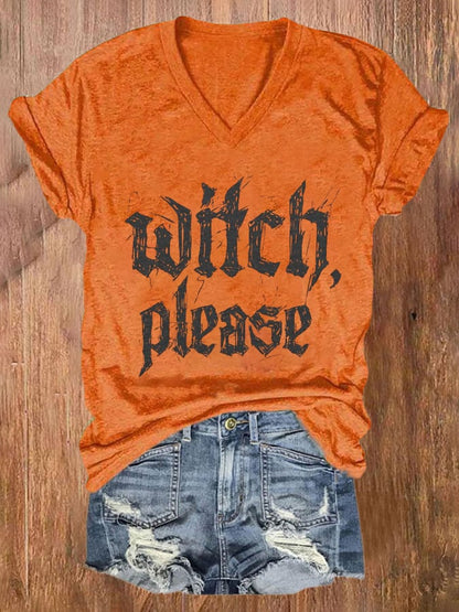 Women's Witch Please Print V Neck T-shirt