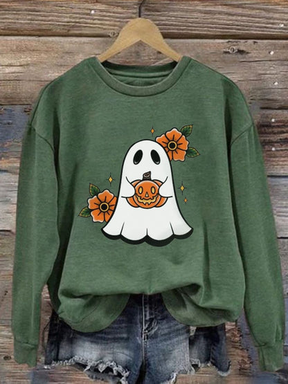 Women's Halloween Cute Pumpkin Boo Print Crew Neck Sweatshirt