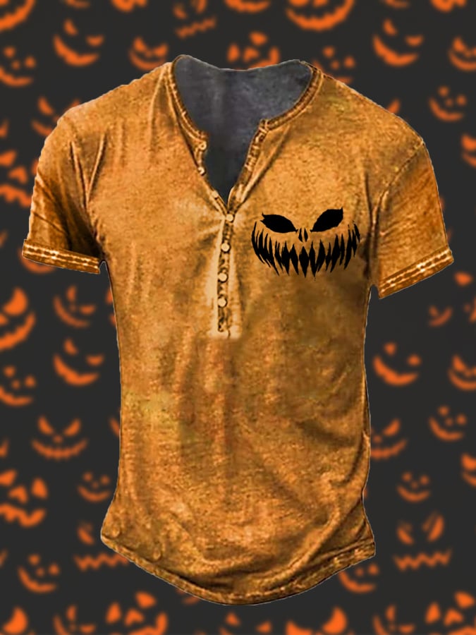 Men's Lantern Scary Carved Pumpkin Face Halloween Print Button T-Shirt