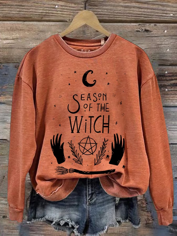 Season Of The Witch Halloween Print Round Neck Sweatshirt