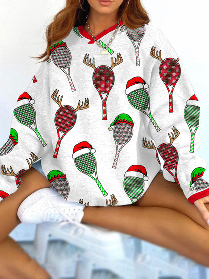 Women's Christmas Tennis Racket Print Loose Sweatshirt