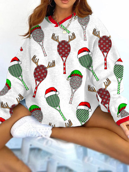 Women's Christmas Tennis Racket Print Loose Sweatshirt