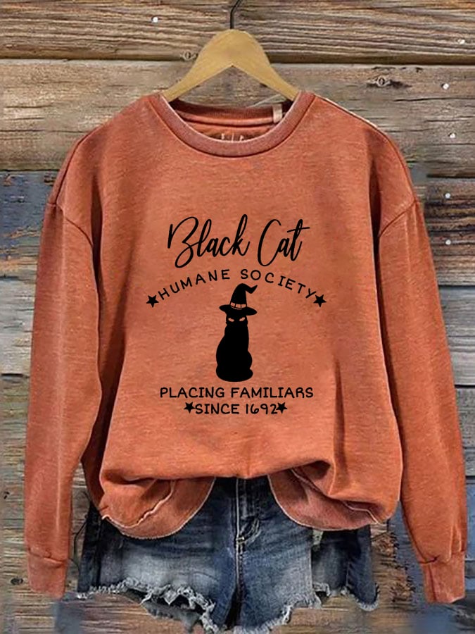 Women's Black Cat Humanne Society Placine Familiars Print Round Neck Long Sleeve Sweatshirt