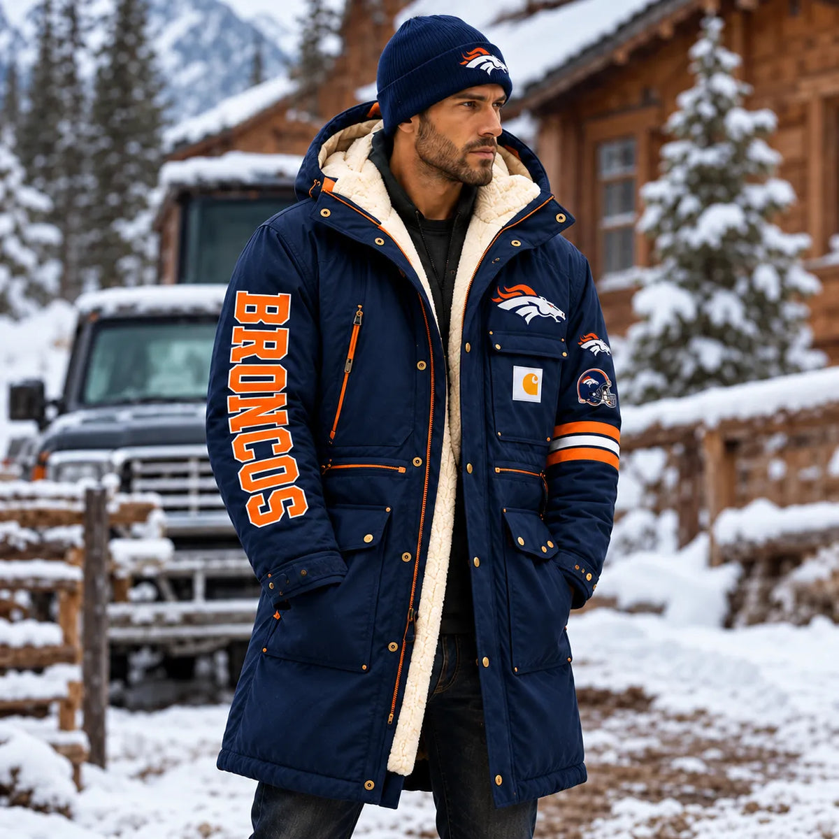 UNISEX DENVER BRONCOS NAVY BLUE WINTER SHERPA LINED HOODED PARKA JACKET