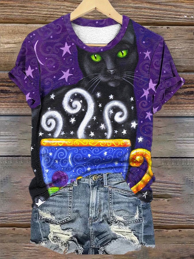 Women's Autumn Coffee Black Cat Stars and Moon Printed T-shirt