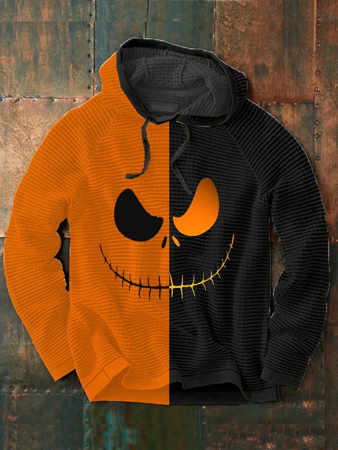 Men's Halloween Pumkin Face Print Casual Hooded Sweatshirt