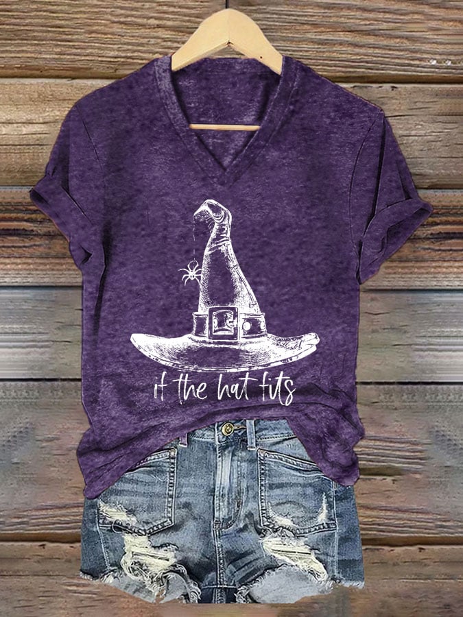 Women's If The Hat Fits Wicthes Print V-Neck T-Shirt