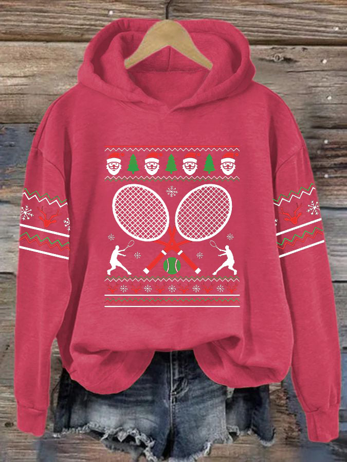 Women's Christmas Tennis Racket Print Casual Hooded Sweatshirt
