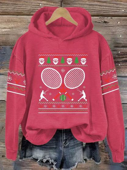 Women's Christmas Tennis Racket Print Casual Hooded Sweatshirt