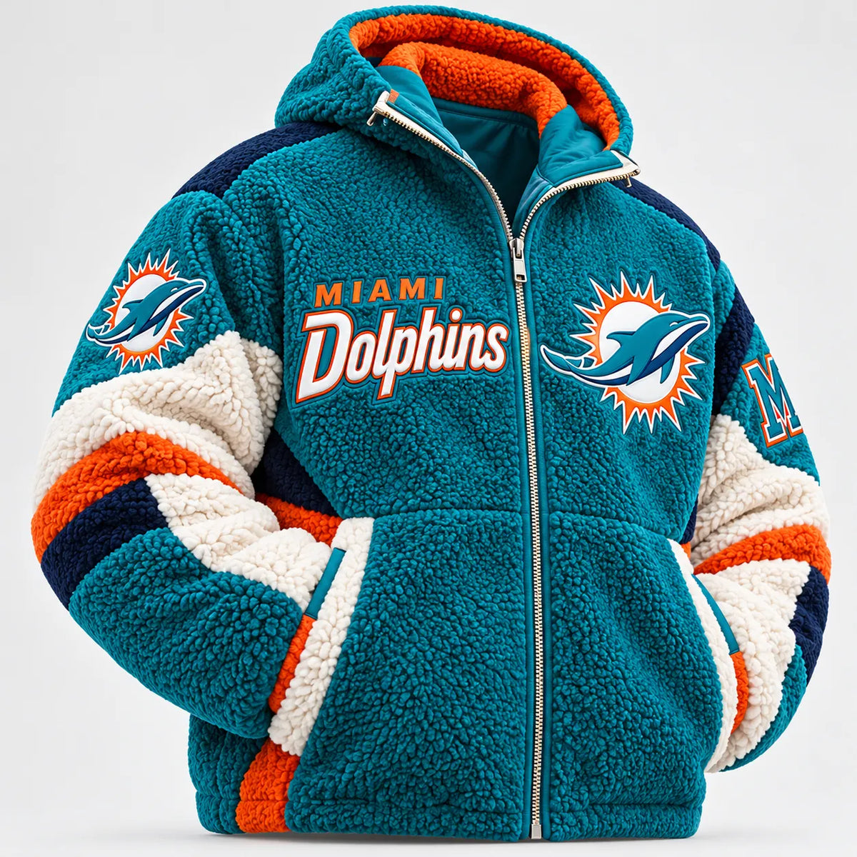 UNISEX MIAMI DOLPHINS SHERPA FLEECE COLORBLOCK HOODED ZIP-UP JACKET