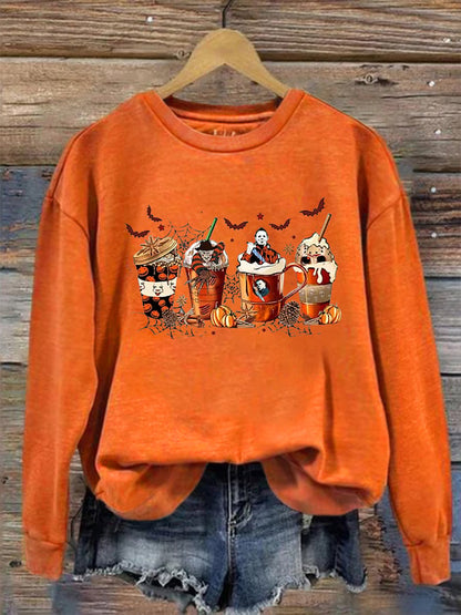 Women's Halloween Skeleton Coffee Cups Printed Sweatshirt