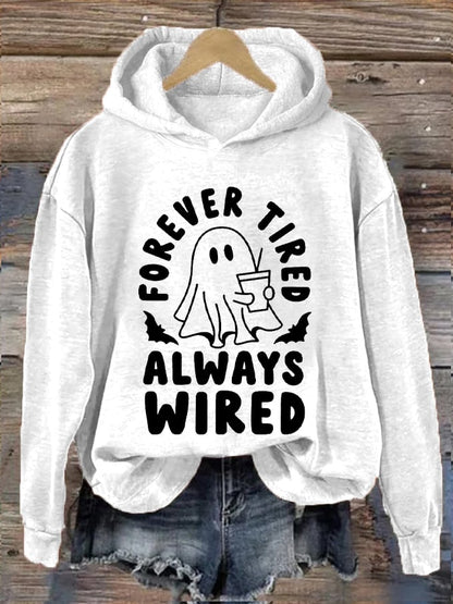 Women's Halloween Forever Tired Always Wired Spooky Boo Printed Hooded Sweatshirt