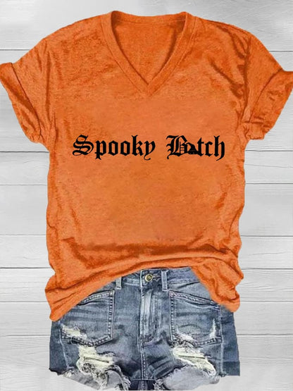 Women's Halloween Spooky B*tch Print V-Neck T-Shirt