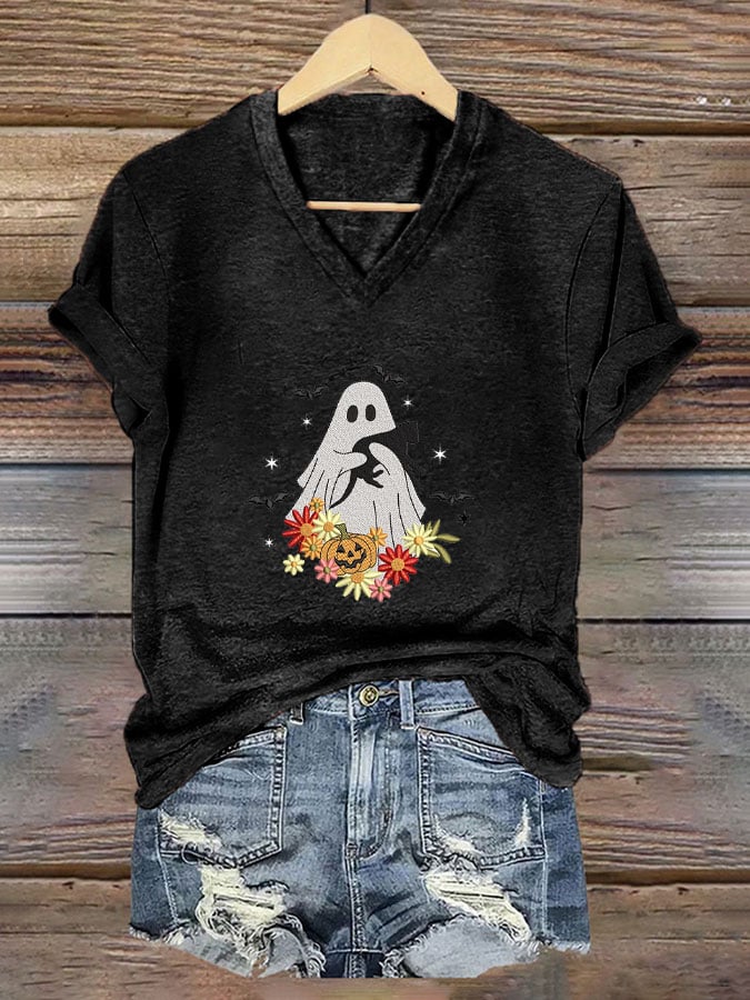 Women's Embroidery Pumpkin Spooky Black Cat Casual V-Neck Tee