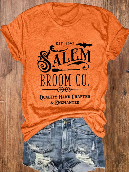 Women's Halloween Salem Broom Co Print O-Neck T-Shirt