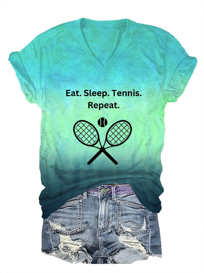 Women's Eat Sleep Tennis Repeat Print V-Neck T-Shirt