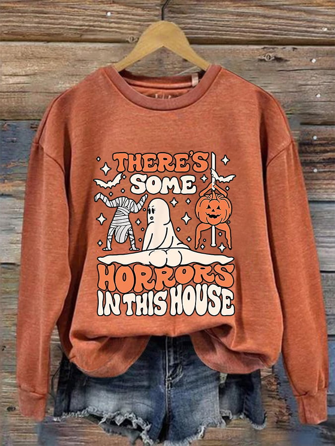 Women's Funny Halloween There's Some Horrors In This House Pumpkin Spooky Mummy Sweatshirt