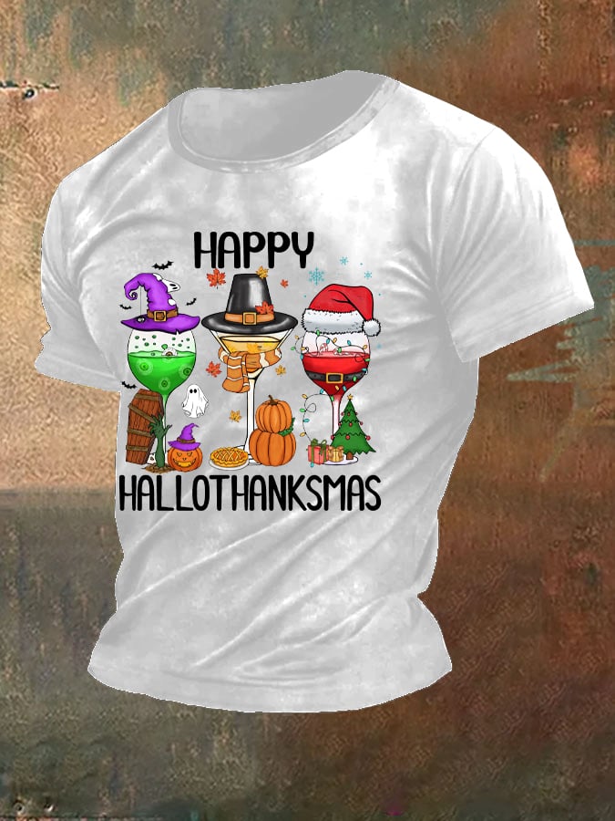 Men's Happy HalloThanksMas Wine Glasses Print Round Neck T-shirt