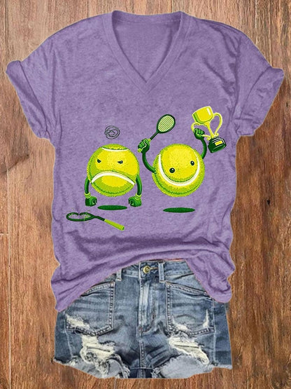 Women's Funny Tennis Print Casual V-Neck Tee