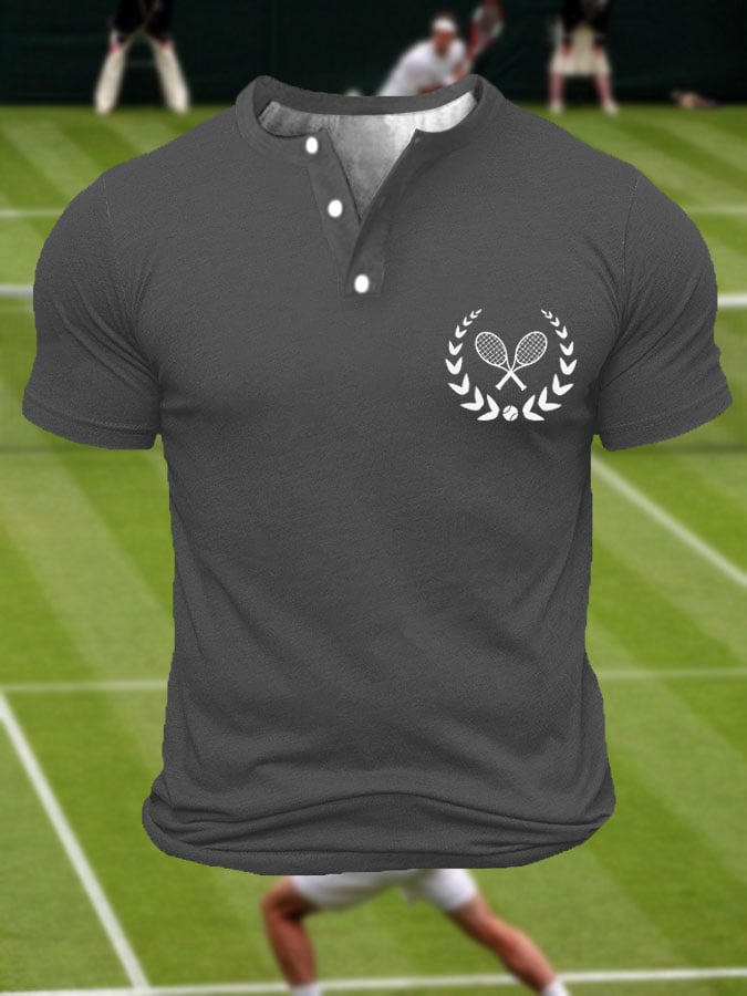 Men's Tennis Lover Printed Henley Collar Button-Up T-Shirt
