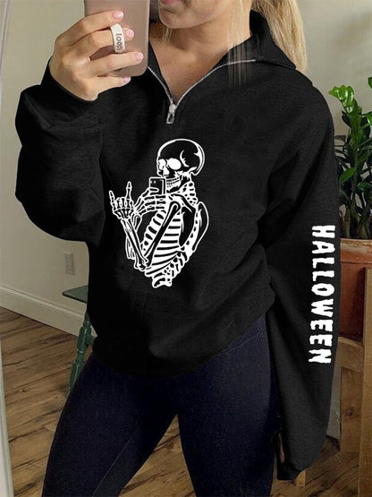 Women's Funny Halloween Skeleton Casual Zipper-Neck Sweatshirt