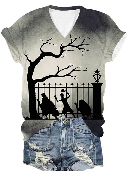 Women's Halloween Ghosts Silhouette Print V-Neck T-Shirt