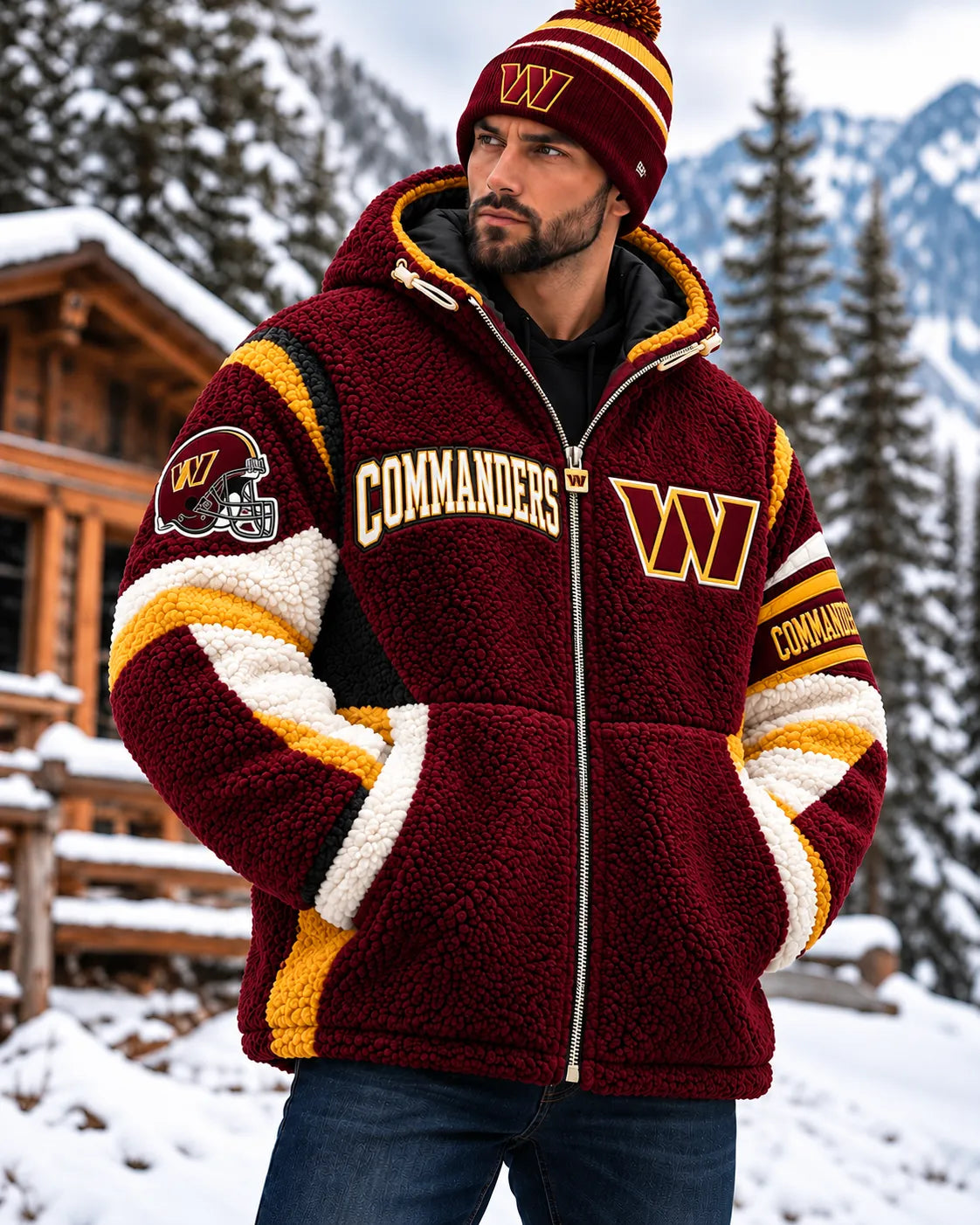 UNISEX WASHINGTON COMMANDERS SHERPA FLEECE ZIP UP HOODIE JACKET
