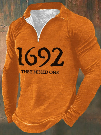 Men's 1692 They Missed One Salem Witch Print Zip Long Sleeve Sweatshirt