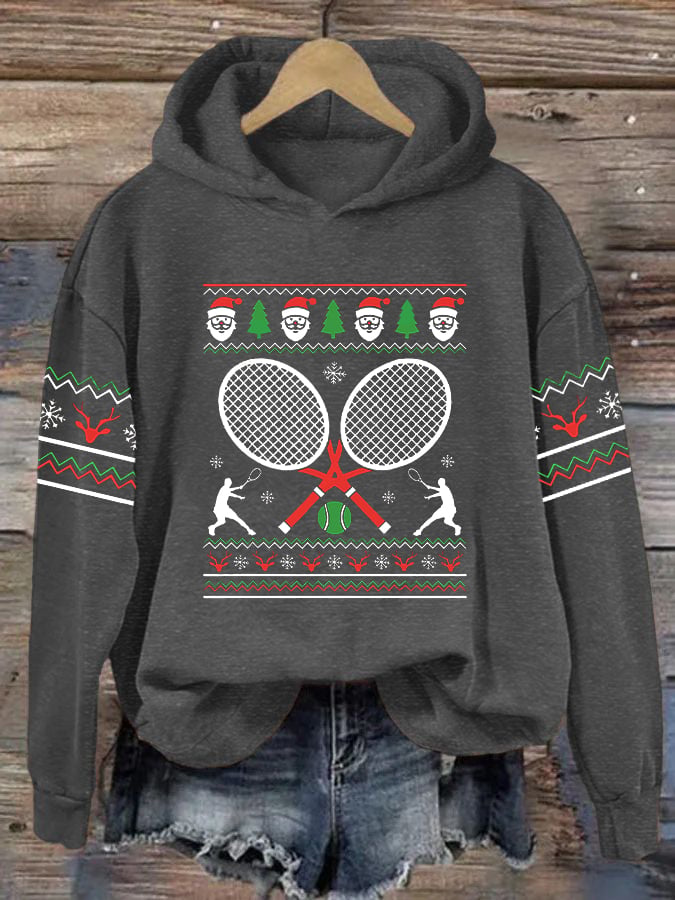 Women's Christmas Tennis Racket Print Casual Hooded Sweatshirt