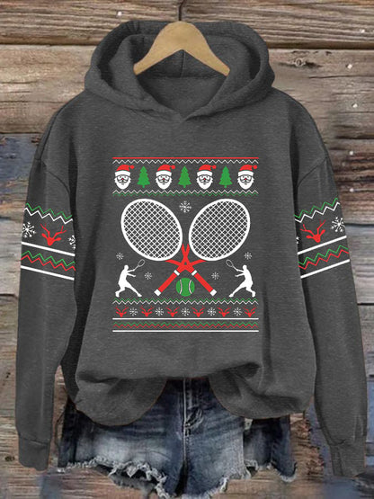 Women's Christmas Tennis Racket Print Casual Hooded Sweatshirt