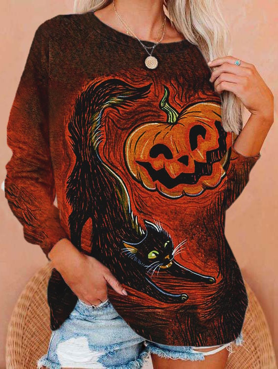 Women's Retro Halloween Pumpkin Black Cat Print Casual Sweatshirt